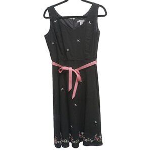 Dressbarn Womens Midi Dress 12 Black Embroidered Floral Linen Blend Sleeveless